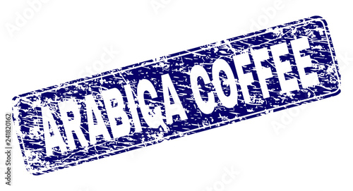 ARABICA COFFEE stamp seal print with grunge style. Seal shape is a rounded rectangle with frame. Blue vector rubber print of ARABICA COFFEE tag with grunge texture.