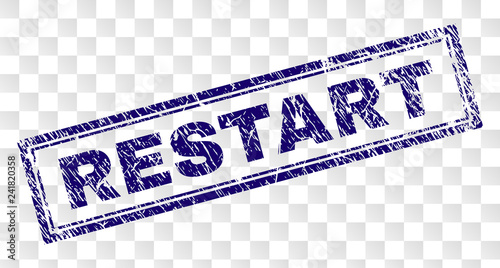 RESTART stamp seal imprint with rubber print style and double framed rectangle shape. Stamp is placed on a transparent background. Blue vector rubber print of RESTART caption with retro texture.