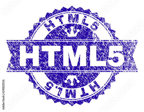 HTML5 rosette stamp seal watermark with grunge style. Designed with round rosette, ribbon and small crowns. Blue vector rubber watermark of HTML5 title with scratched style.