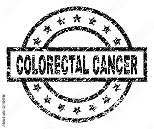 COLORECTAL CANCER stamp seal watermark with distress style. Designed with rectangle, circles and stars. Black vector rubber print of COLORECTAL CANCER text with dust texture.