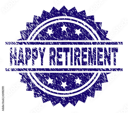 HAPPY RETIREMENT stamp seal watermark with distress style. Blue vector rubber print of HAPPY RETIREMENT label with unclean texture.