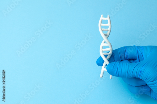 DNA helix research. Concept of genetic experiments on human biological code DNA. Scientist holds DNA helix. photo