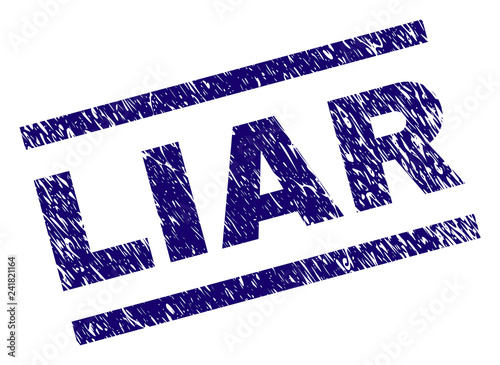 LIAR seal print with grunge style. Blue vector rubber print of LIAR caption with dust texture. Text caption is placed between parallel lines.