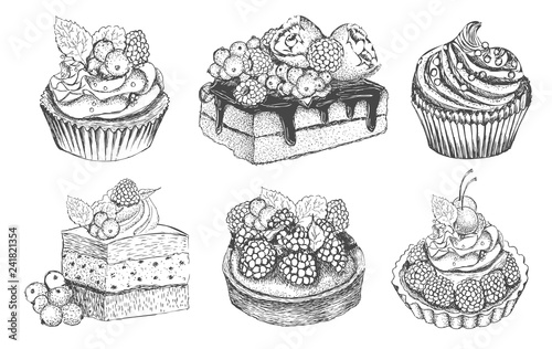 Hand drawn cakes collection isolated on white