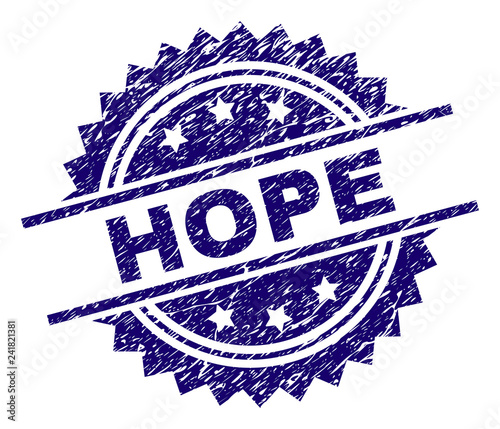 HOPE stamp seal watermark with distress style. Blue vector rubber print of HOPE title with unclean texture.