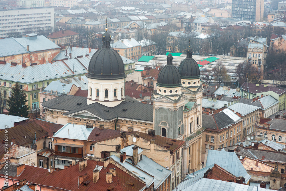 Fototapeta premium Old European city in the fog. Lviv, Ukraine