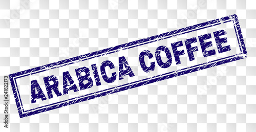 ARABICA COFFEE stamp seal print with rubber print style and double framed rectangle shape. Stamp is placed on a transparent background.