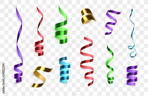 Confetti isolated. Golden, red, green, blue and purple Streamer Ribbons isolated.