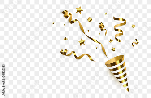 Golden confetti with party poppers isolated. 