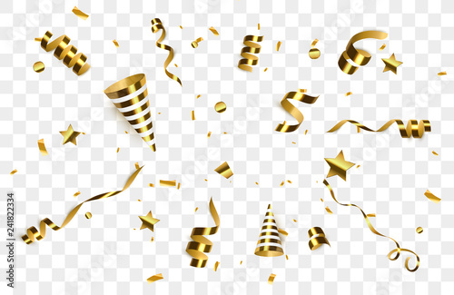 Golden confetti with party poppers isolated. 