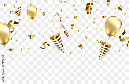 Golden confetti with party poppers isolated. 