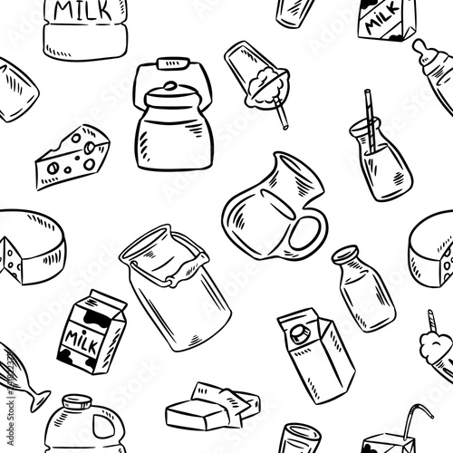 Dairy doodles seamless black and white pattern