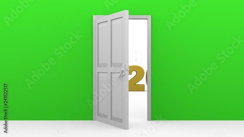 Door on a green wall is opening to new year 2020