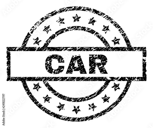 CAR stamp seal watermark with distress style. Designed with rectangle, circles and stars. Black vector rubber print of CAR title with unclean texture.