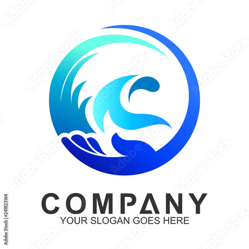 wave and hand logo in circle shape