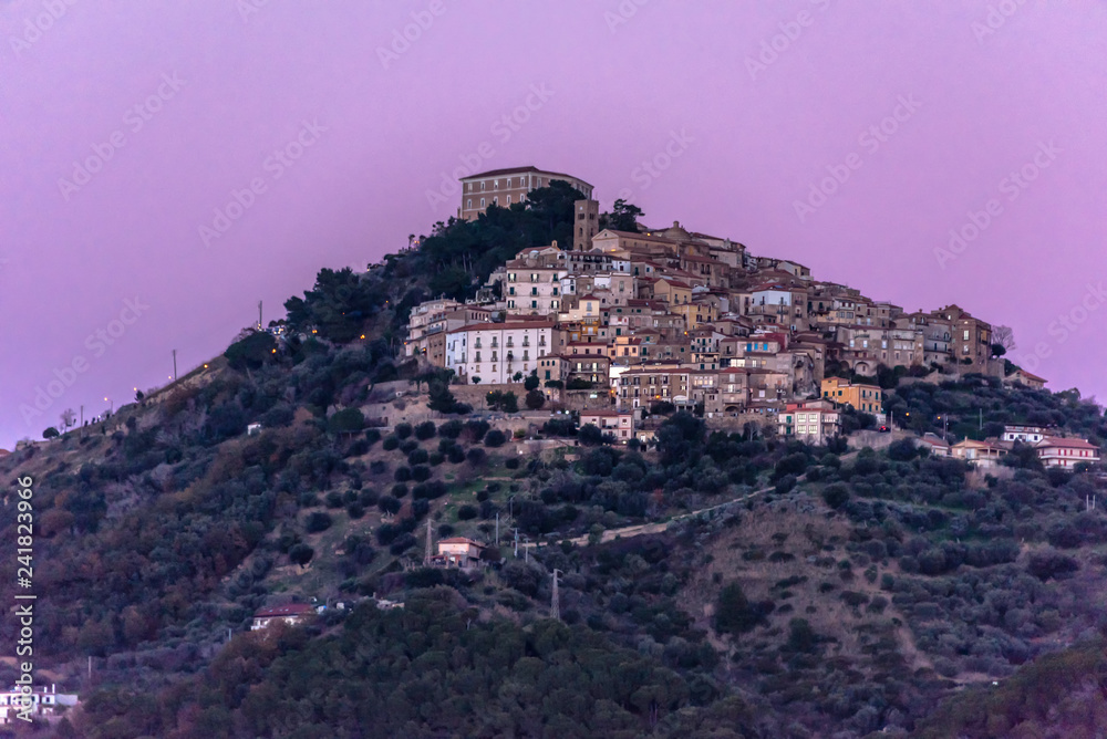 Ancient Medieval Hilltop Village in Southern Italy with Lavender Sky
