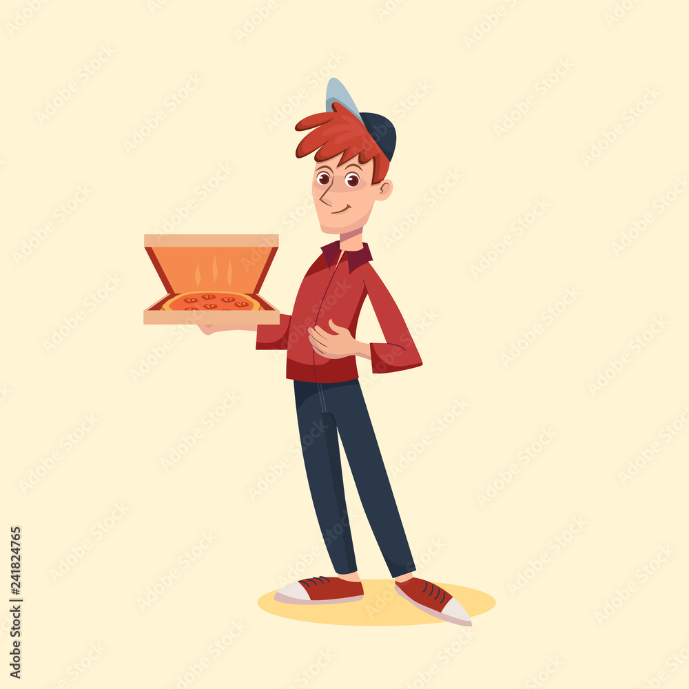 Fast Delivery pizza service by courier. Vector cartoon character illustration. Delivery food concept.