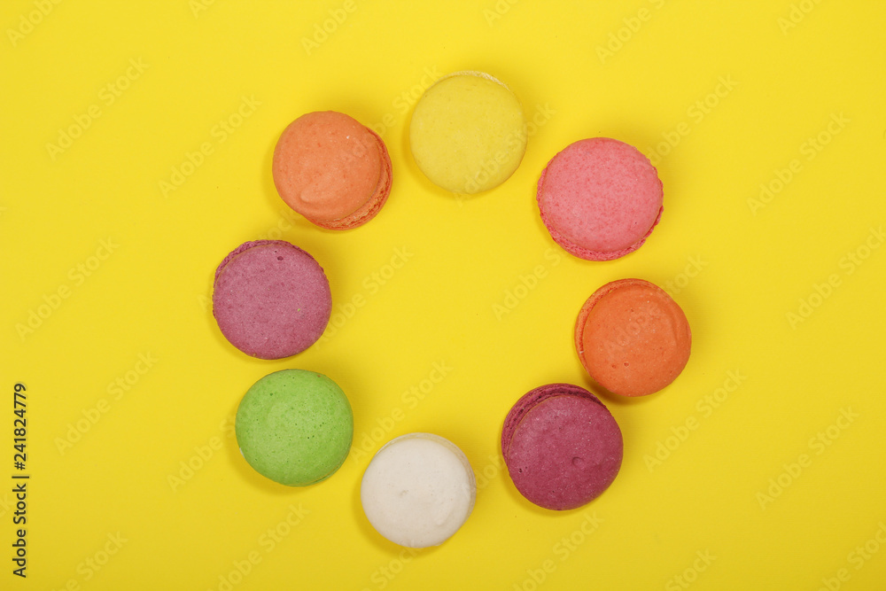 A circle of bright different macaroons A circle of bright different macaroons
