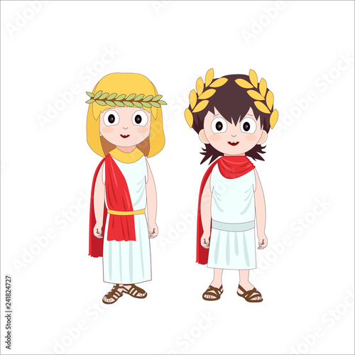 Ancient rome cartoon characters of boy and girl wearing traditional costumes. Vector illustration.