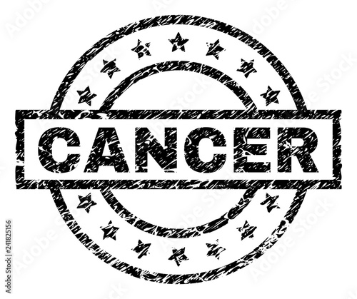 CANCER stamp seal watermark with distress style. Designed with rectangle, circles and stars. Black vector rubber print of CANCER caption with dust texture.