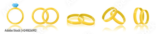 Wedding rings set isolated on a white background. Golden ring with shiny diamond. A pair of rings. Realistic object. Simple cute design. Icon or logo. Flat style vector illustration. photo