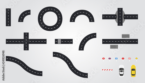 Road set for construction isolated on white background. Connectable highway elements. City constructor. view from above (top view). Map design. Road signs and cars. Flat style vector illustration.
