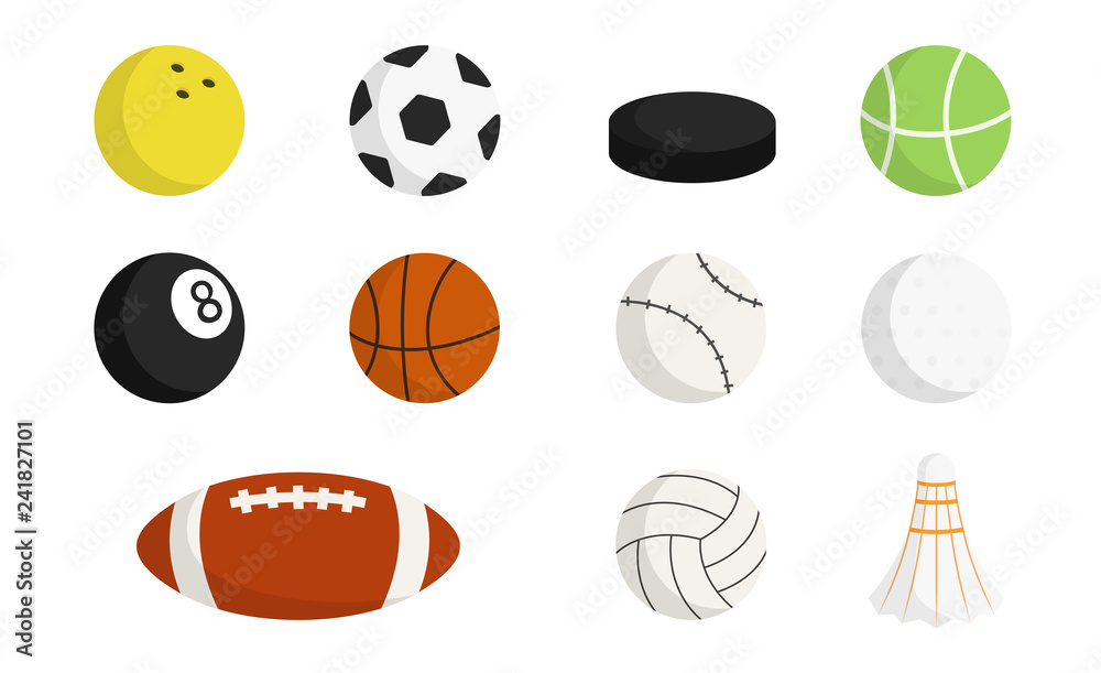 Sport balls set isolated on a white background. Kinds of sports. Simple  cartoon design icons. Sport equipment. Flat style vector illustration.  Stock Vector | Adobe Stock