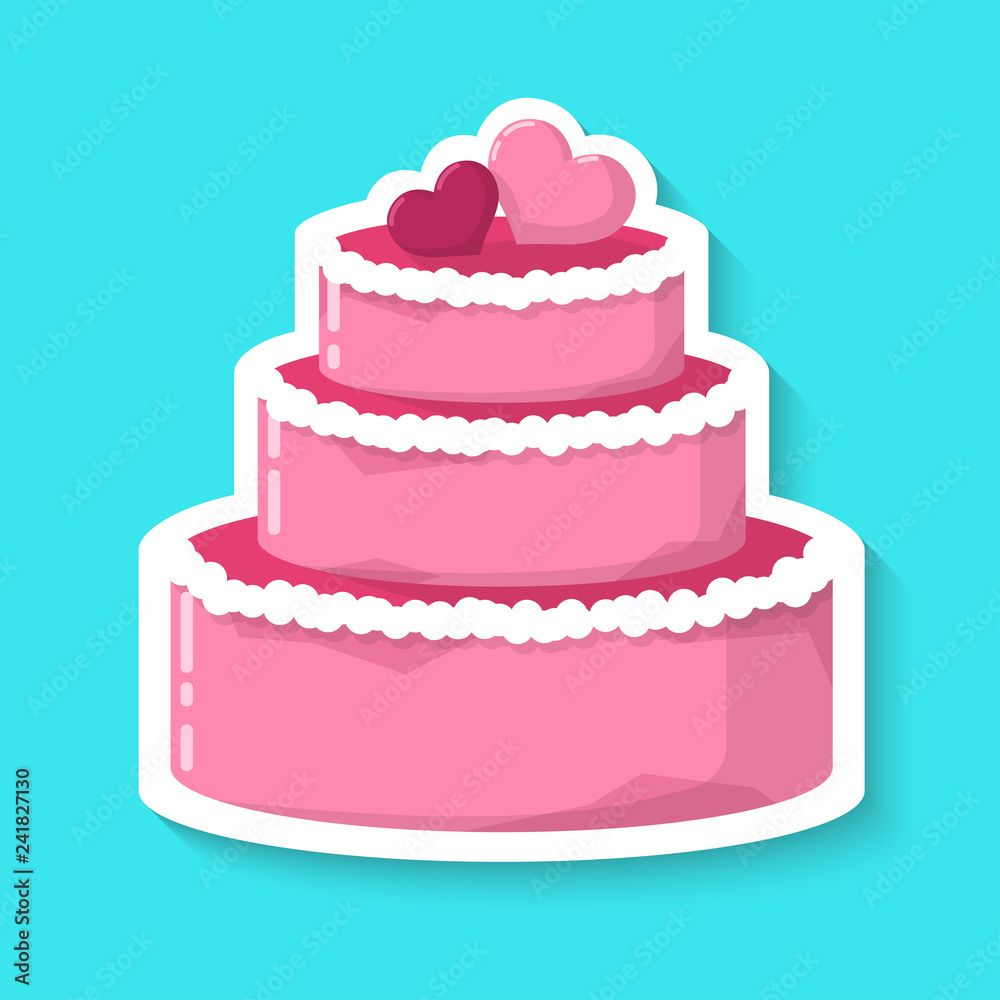 Wedding cake isolated on a blue background. Big pink cake. Realistic sticker. Simple cute design. Icon or logo. Flat style vector illustration. Wedding cake isolated on a blue background. Big pink cake. Realistic sticker. Simple cute design. Icon or logo. Flat style vector illustration.
