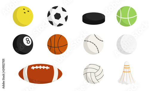 Sport balls set isolated on a white background. Kinds of sports. Simple cartoon design icons. Sport equipment. Flat style vector illustration.
