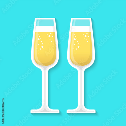 Glasses of champagne isolated on a blue background. Realistic sticker. Simple cute design. Icon or logo. Flat style vector illustration.