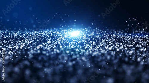 Abstract blue color digital particles wave with dust and light background