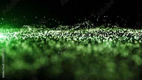 Abstract green color digital particles wave with dust and light background