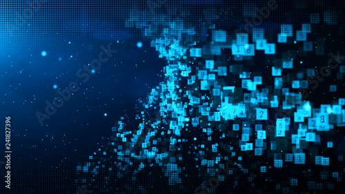 Abstract blue color digital particles wave with dust and numbers background