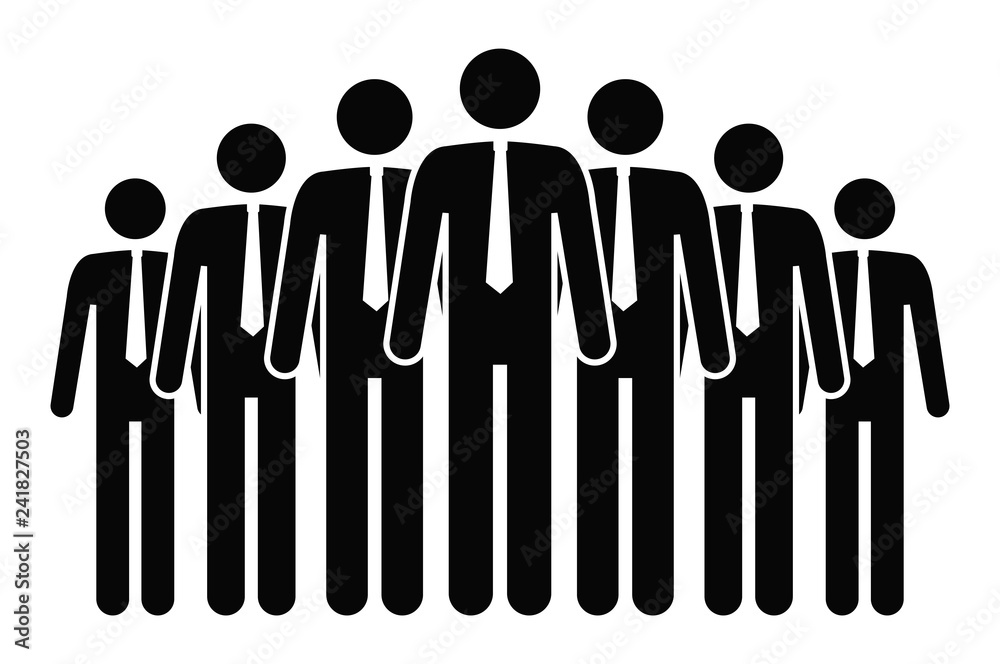 Row of stick men in ties isolated on white background. Simple design stick figures. Black and white Icon or logo. Flat style vector illustration. Row of stick men in ties isolated on white background. Simple design stick figures. Black and white Icon or logo. Flat style vector illustration.