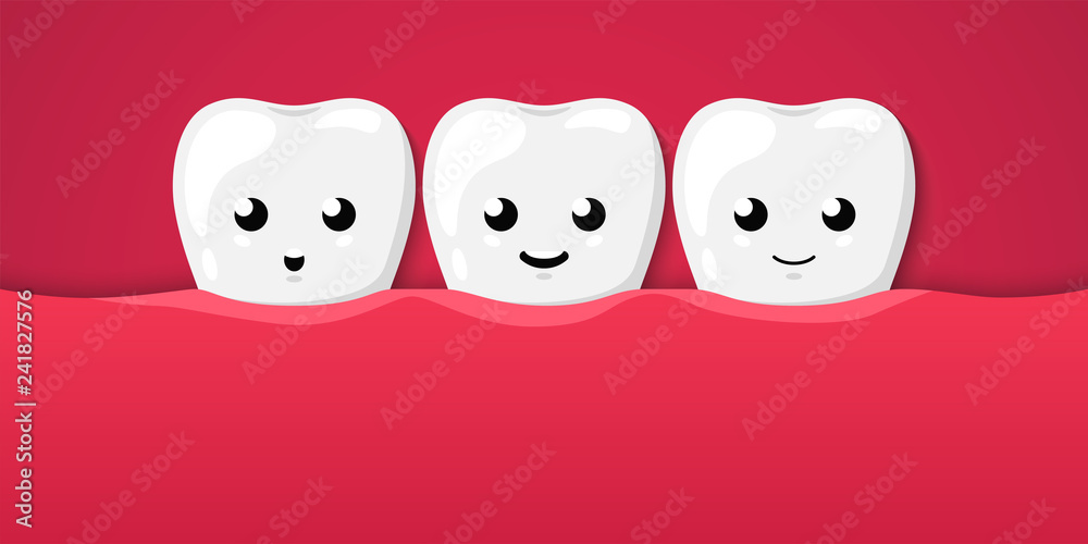 Obraz premium Teeth in the mouth. Clean happy and smiling. Cute cartoon character. Dental health. Simple cartoon design. Flat style vector illustration.