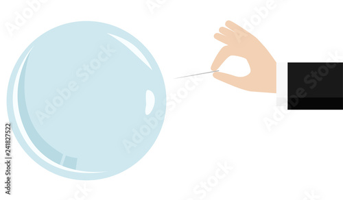 Hand with a needle raised to a soap bubble. Beautiful realistic template for banner or poster. Simple design cartoon logo and icon. Flat style vector illustration.