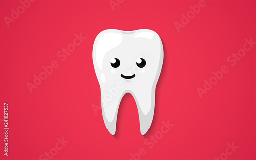 Tooth isolated on a red background. Clean happy and smiling. Cute cartoon character. Dental health. Simple cartoon design. Flat style vector illustration.