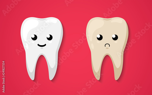 Tooth isolated on a red background. Clean happy and smiling. Cute cartoon character. Sad dirty decayed tooth. Dental health. Simple cartoon design. Flat style vector illustration.