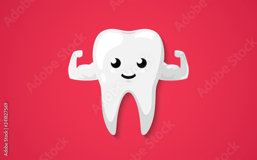 Strong muscle healthy tooth isolated on a red background. Clean happy and smiling. Cute cartoon character. Dental health. Simple cartoon design. Flat style vector illustration.