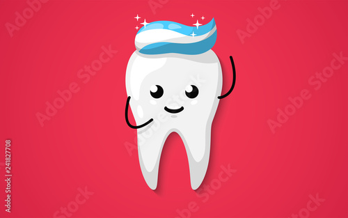 Tooth with toothpaste isolated on a red background. Clean shining happy and smiling. Cute cartoon character. Dental health. Simple cartoon design. Flat style vector illustration.
