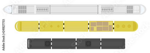 Railway station on a white background. Set of trains. View from above. Cartoon flat style vector illustration.