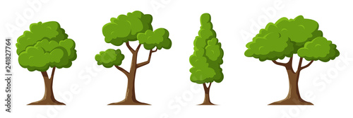 Cartoon trees set isolated on a white background. Simple modern style. Cute green plants, forest. Can be used to illustrate any nature or healthy lifestyle topic. Flat style vector illustration.