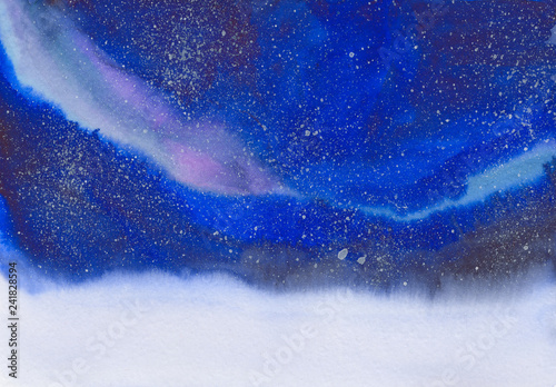 Watercolor background - snow and night sky with star , sunset, northern lights , christmas design for postcard, paper print, banner water colour hand draw illustration galaxy theme 