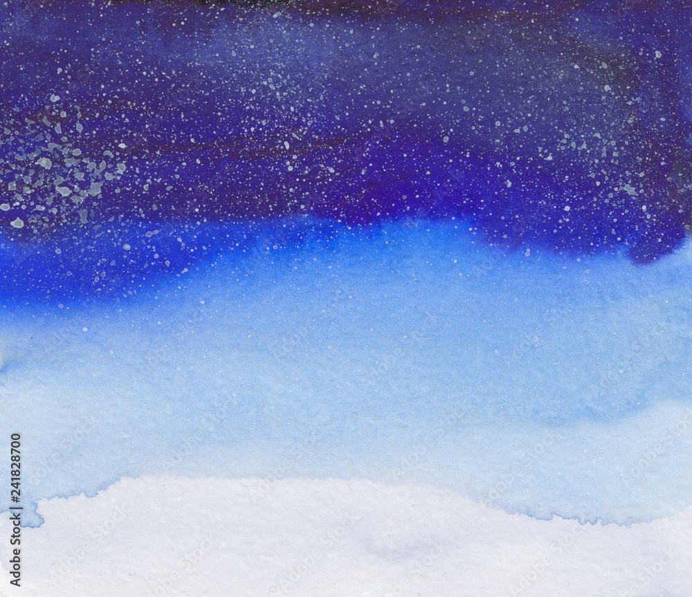 Fototapeta premium Watercolor background - snow and night sky with star , sunset, northern lights , christmas design for postcard, paper print, banner water colour hand draw illustration galaxy theme 