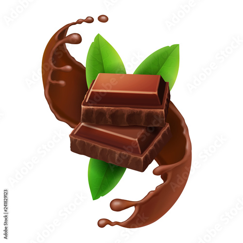 Pieces of chocolate in sweet choco liquid splash. Milk chocolate swirl realistic vector illustration