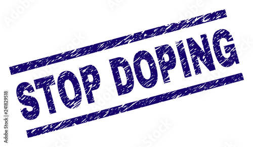 STOP DOPING seal print with grunge style. Blue vector rubber print of STOP DOPING tag with unclean texture. Text tag is placed between parallel lines.