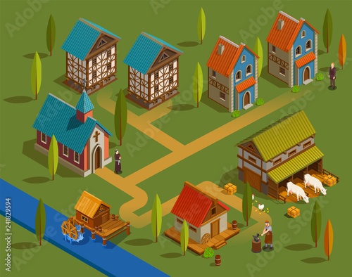 Medieval Settlement Isometric Composition 