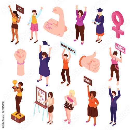 Isometric Feminist Characters Set