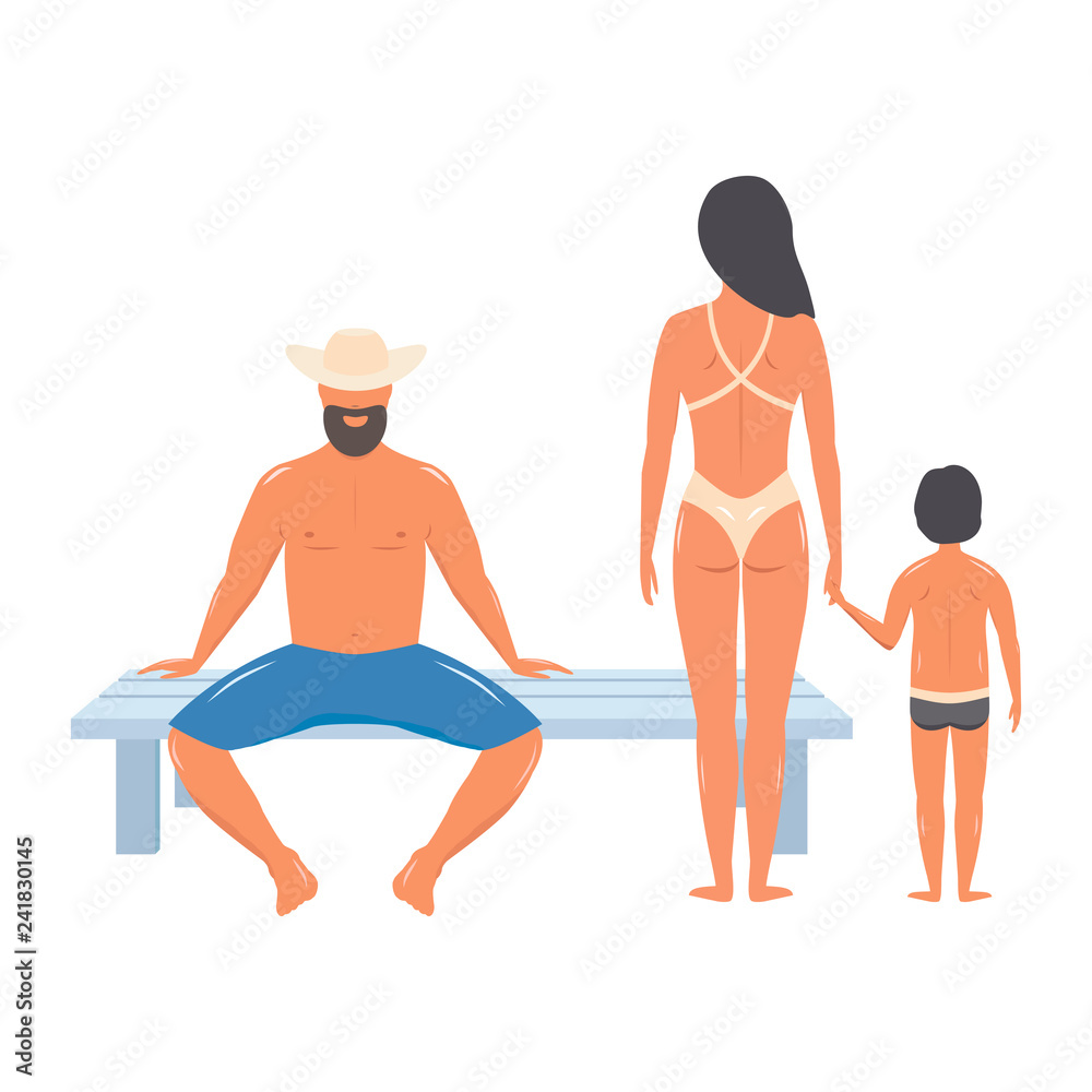 people in beach clothes. family on vacation, couple with the kid. vector