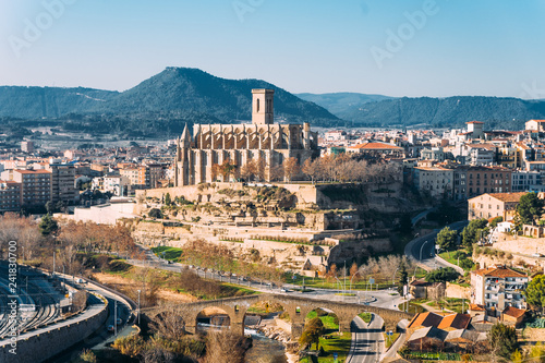 different and original view of Collegiate Basilica of Santa Maria Seu in Manresa city in catalunya region in Spain, with landscape of all the city photo